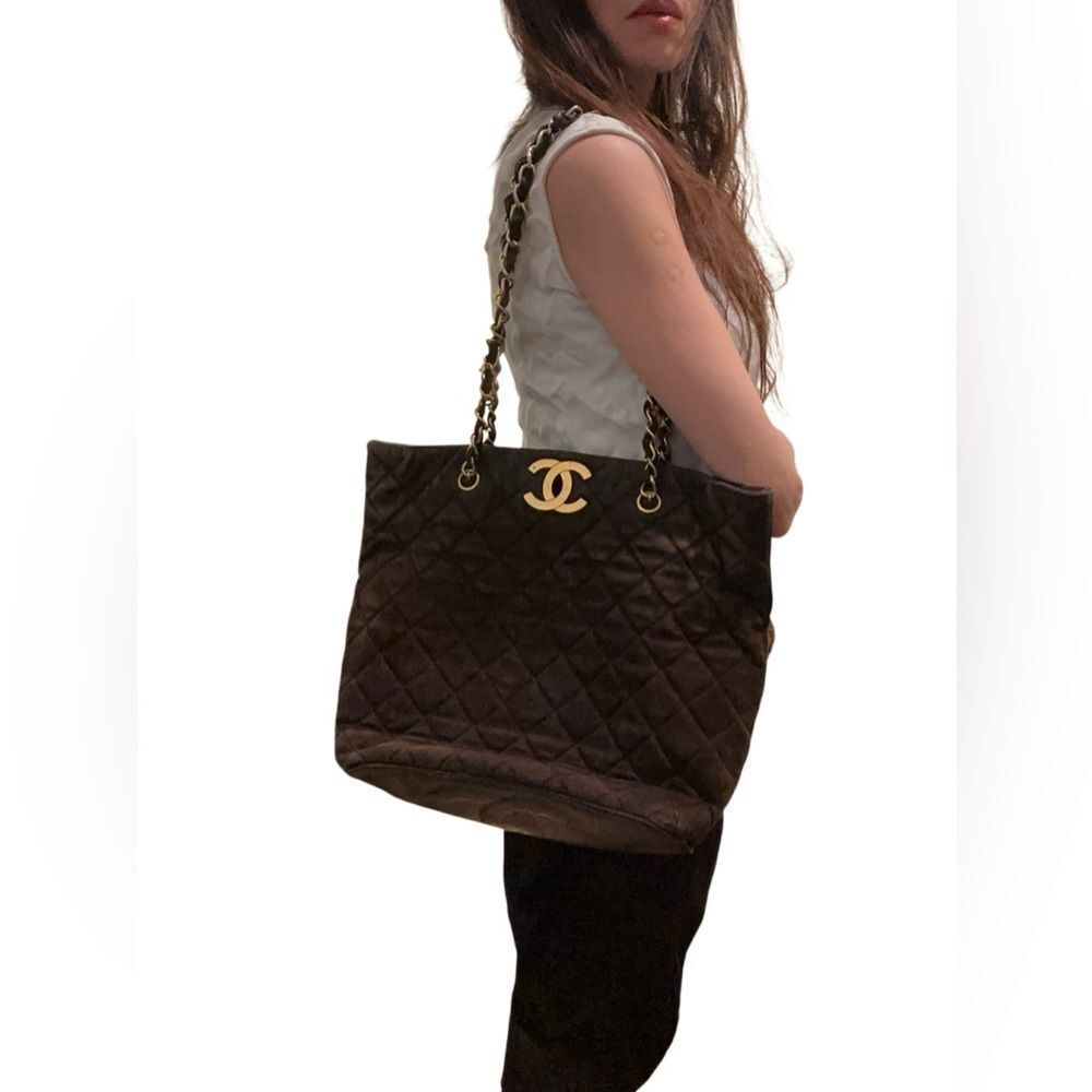 CHANEL Dark Brown Quilted Tote with Gold Chain